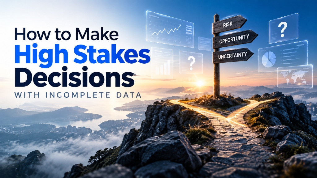 How to Make High Stakes Decisions with Incomplete Data - Strategic crossroads signpost with Risk, Opportunity, and Uncertainty