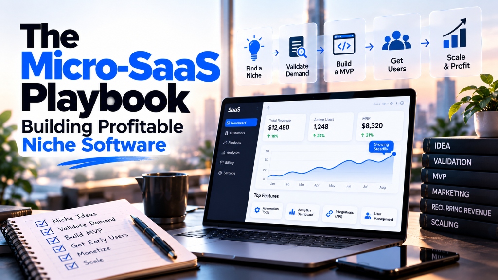 The Micro-SaaS Playbook: Building Profitable Niche Software - SaaS revenue dashboard and 5-step roadmap