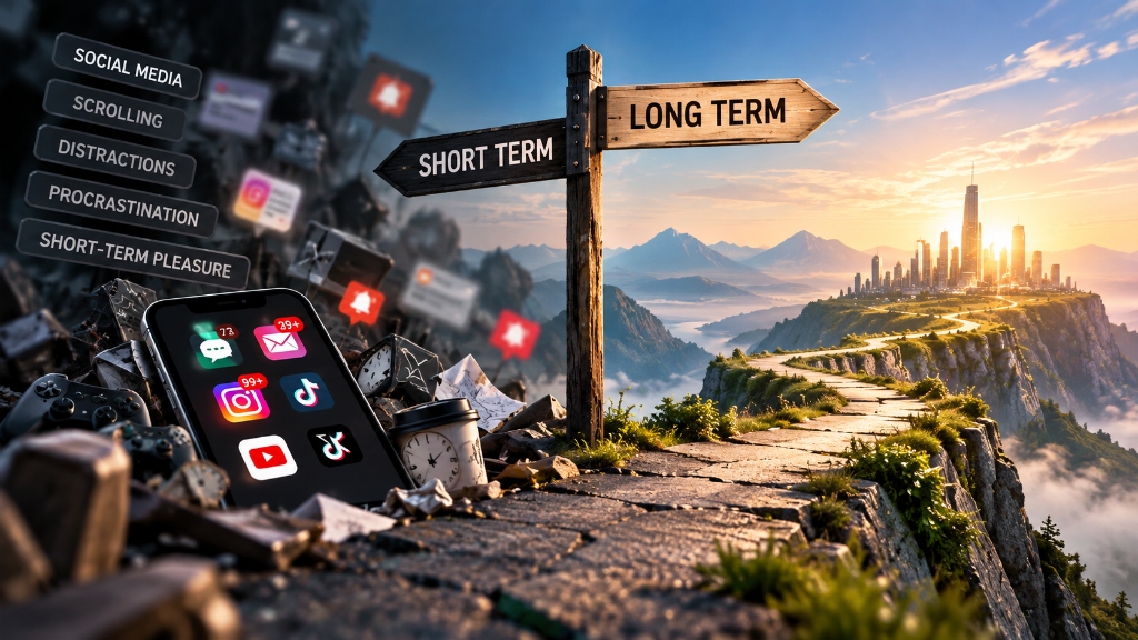 The Psychology of Long-Term Thinking in a Distracted World - Crossroads signpost separating short term distractions from long term vision